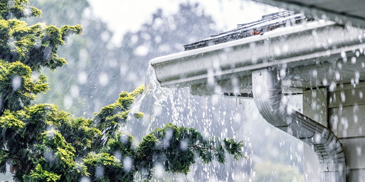 rain pouring off a roof during recent storms