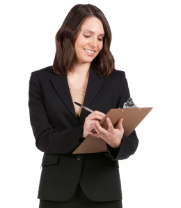 a female brisbane business accountant in a dark suit with a clipboard