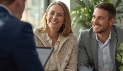 a professional in a suit with back to camera talking to a smiling woman and man used on a blog about how to choose between an accountant or financial advisor