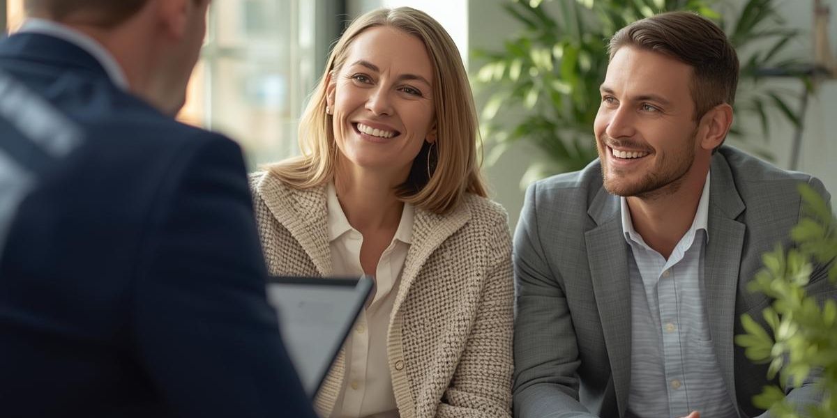 a professional in a suit with back to camera talking to a smiling woman and man used on a blog about how to choose between an accountant or financial advisor