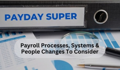 large ring binder with 'payday super' on the side with charts on a desk and text overlay saying 'payroll processes, systems & people changes to consider'