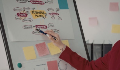The elements of a business plan outlined on a whiteboard with a hand pointing to it used on a blog about business strategic planning