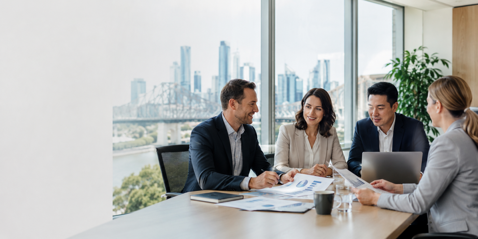 four people in a business meeting used on a blog about payroll tax for growing businesses in qld