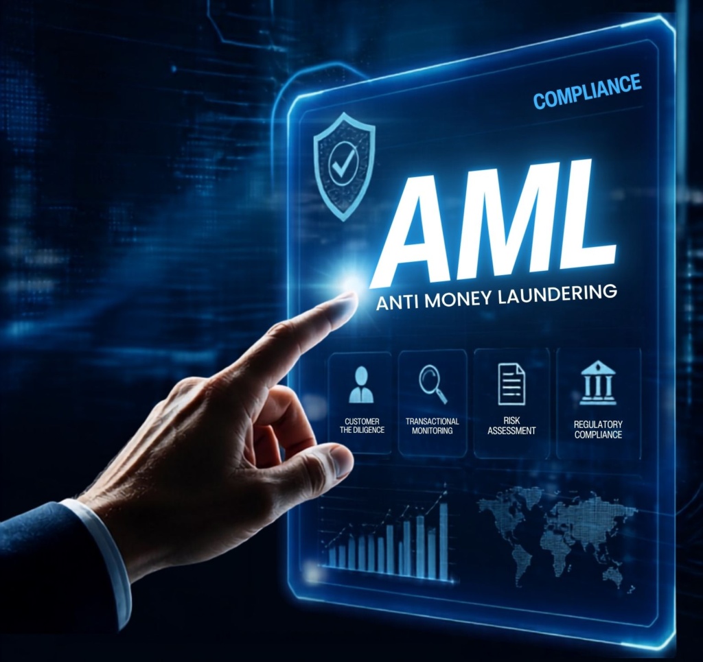 hand touching a virtual screen with AML Anti Money Laundering on it