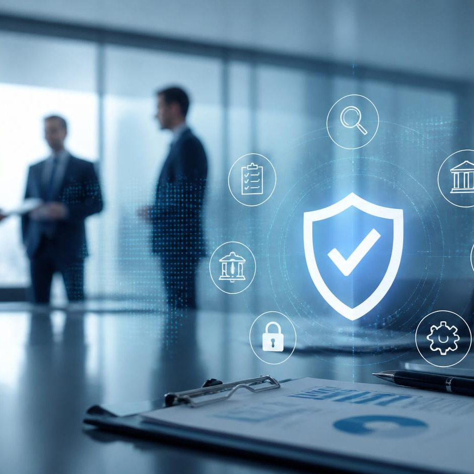 Business professionals discussing governance, risk, and compliance in a modern office, with audit and security icons overlaid.