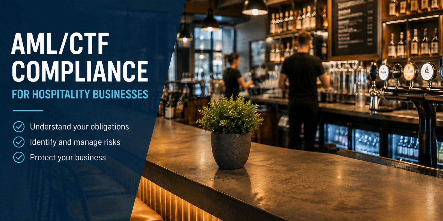AML/CTF compliance graphic for hospitality businesses with key points displayed beside a modern bar and restaurant interior.