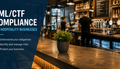 AML/CTF compliance graphic for hospitality businesses with key points displayed beside a modern bar and restaurant interior.